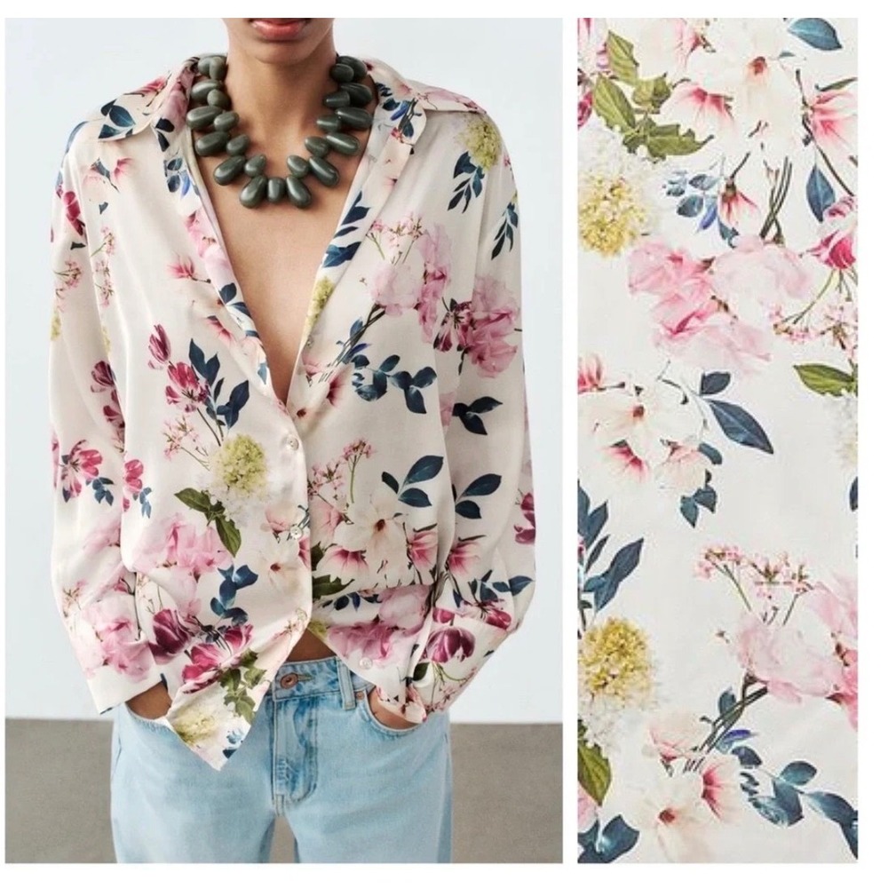 Zara Satin Floral Blouse Button Up Shirt Pink Ivory Botanical Women's M Silky
